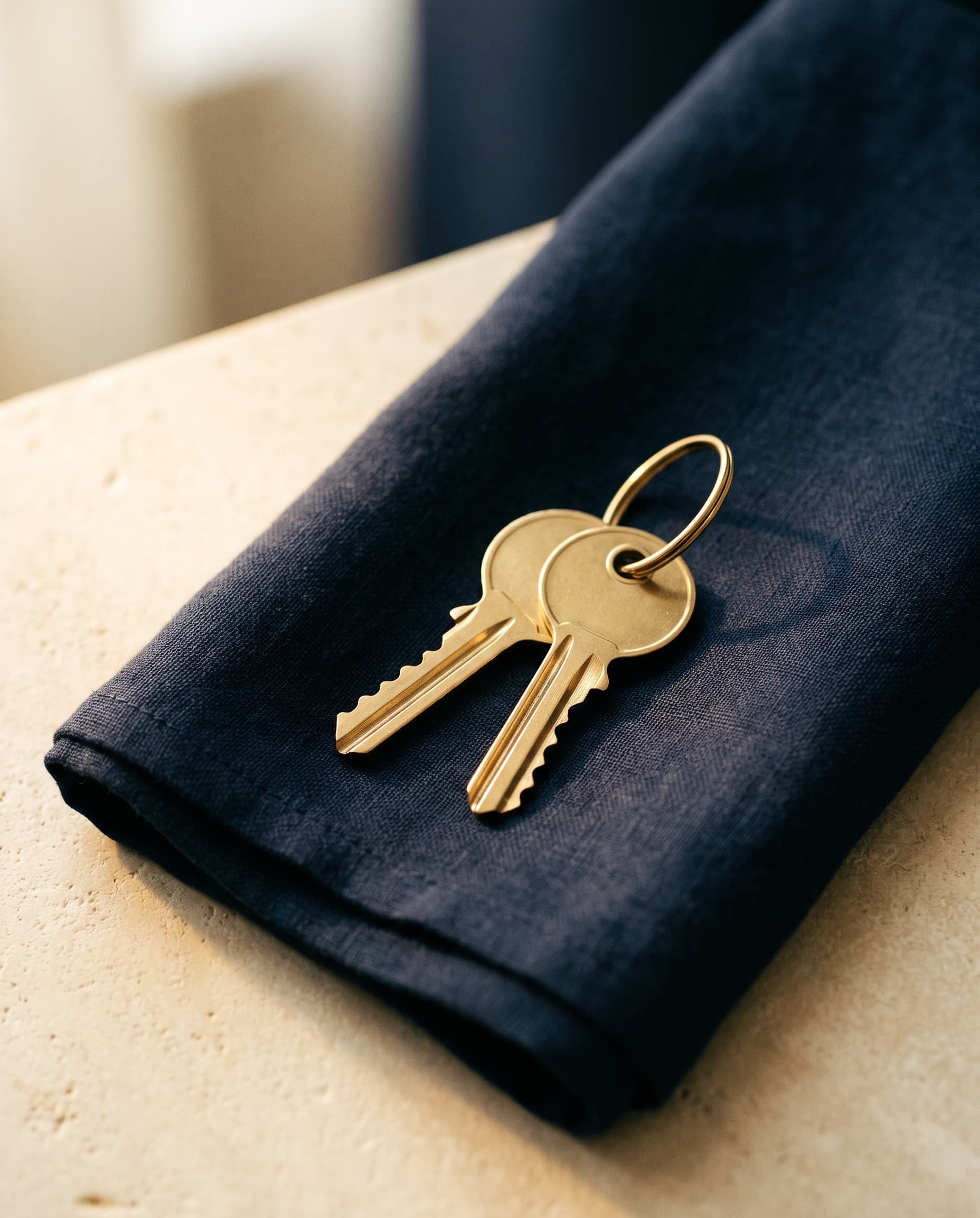 Two brass house keys on a ring, resting on folded navy linen