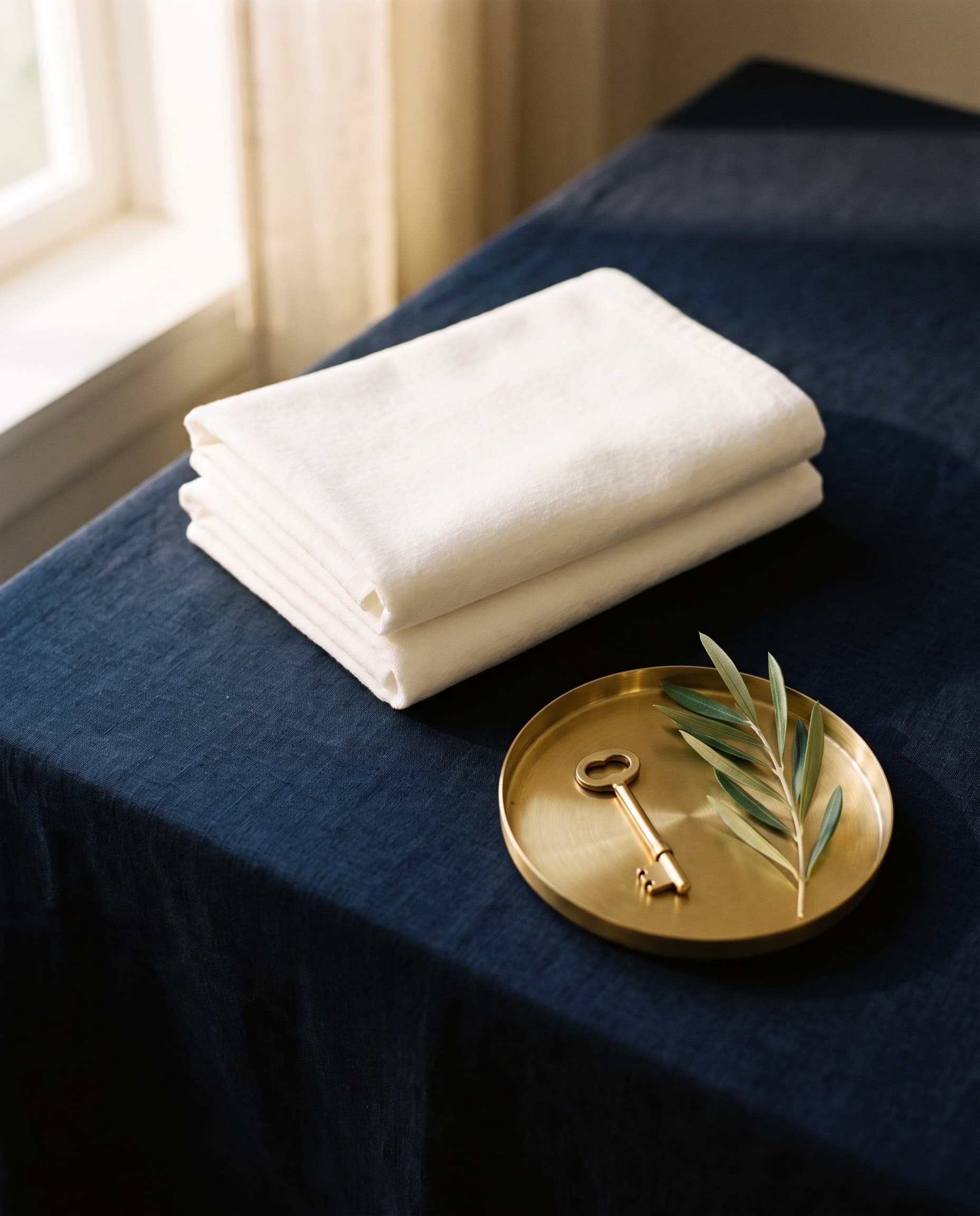 A brass tray with a house key and an olive sprig, beside folded white towels